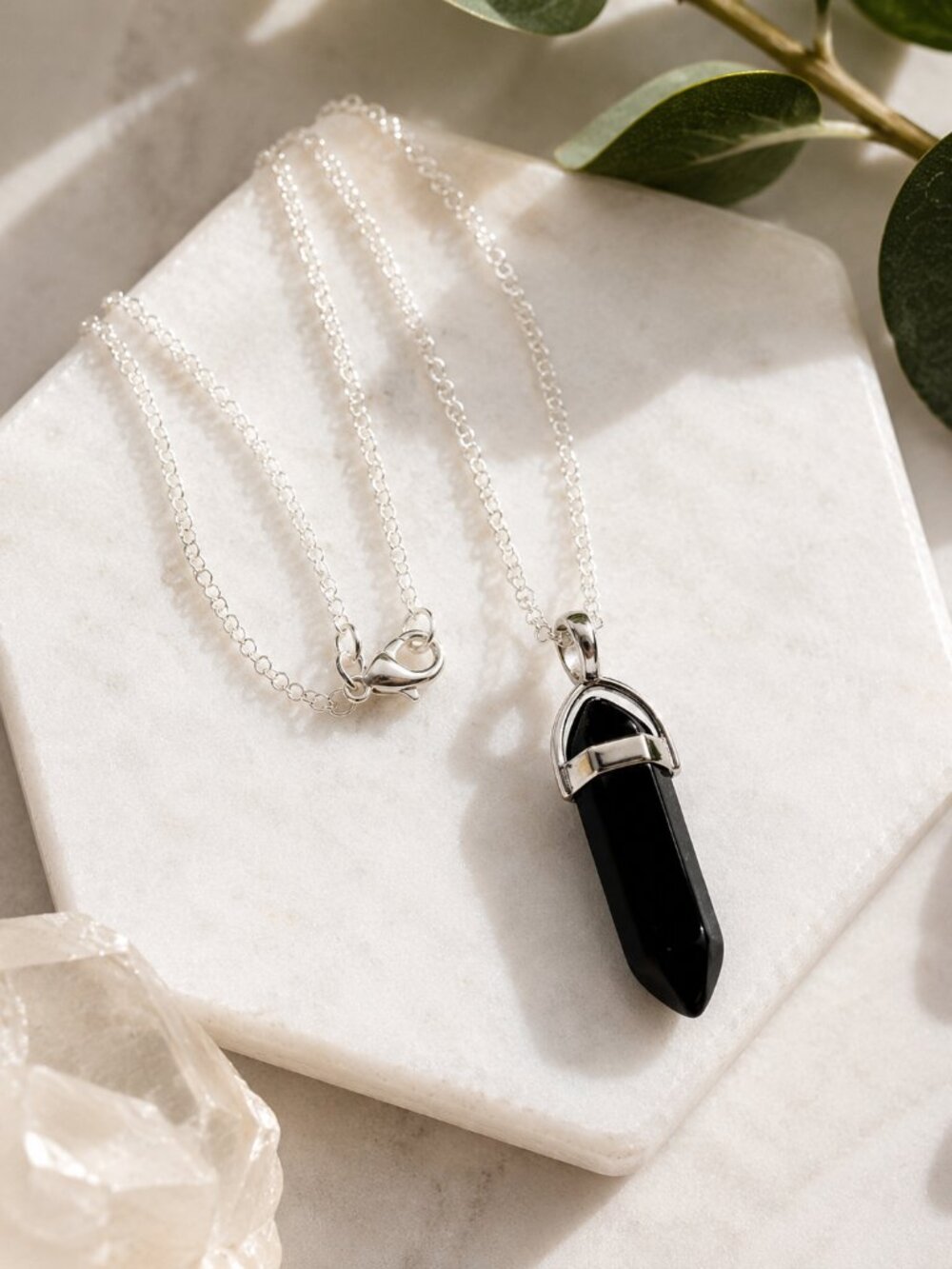 Black Obsidian Bullet Point Pendant Necklace on 24' Silver Chain